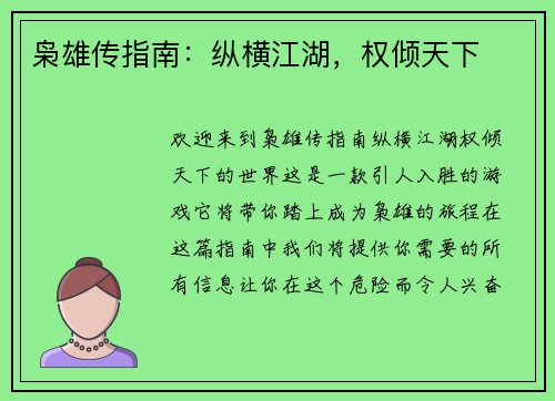 枭雄传指南：纵横江湖，权倾天下