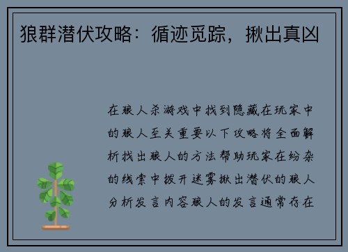 狼群潜伏攻略：循迹觅踪，揪出真凶