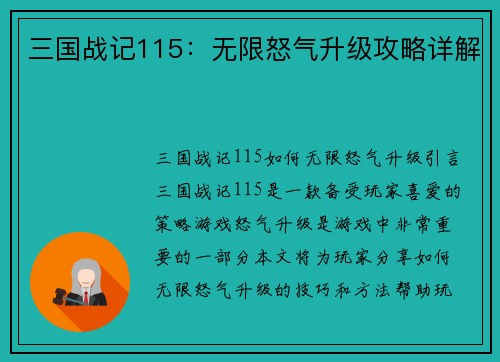 三国战记115：无限怒气升级攻略详解
