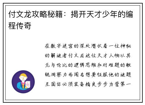 付文龙攻略秘籍：揭开天才少年的编程传奇