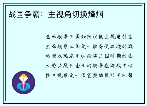 战国争霸：主视角切换烽烟